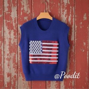 Sequin American flag royal blue sleeveless sweater top S L XL